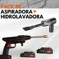 Pack completo: hidrolavadora inalámbrica con sus dos baterías y aspiradora de mano