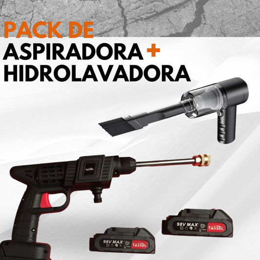 Pack completo: hidrolavadora inalámbrica con sus dos baterías y aspiradora de mano