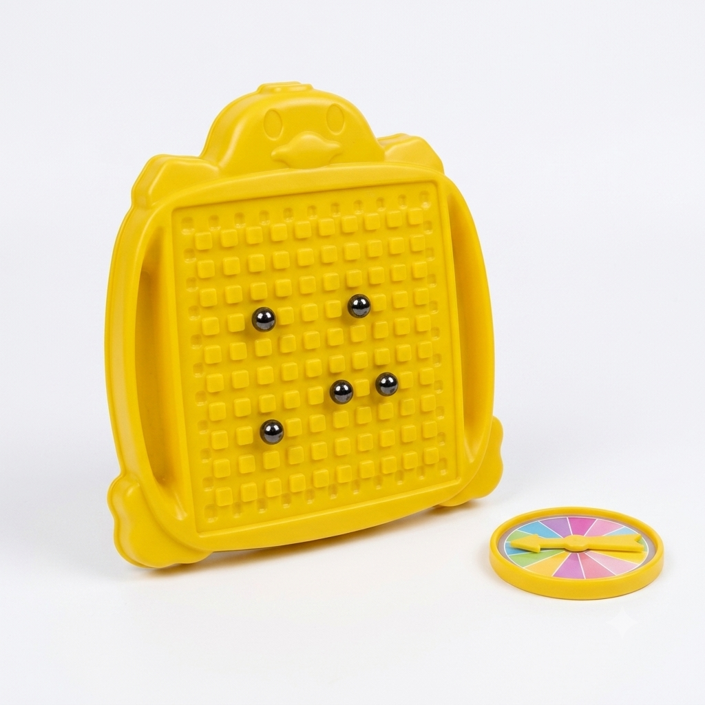 MagneticPulse: tablero magnético amarillo con bolitas metálicas y ruleta de colores