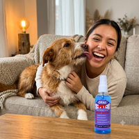 Mujer riendo mientras su perro le da un beso — OralPet spray bucal en primer plano