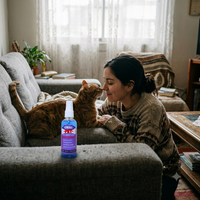 Mujer nariz con nariz con su gato en el living — OralPet spray bucal